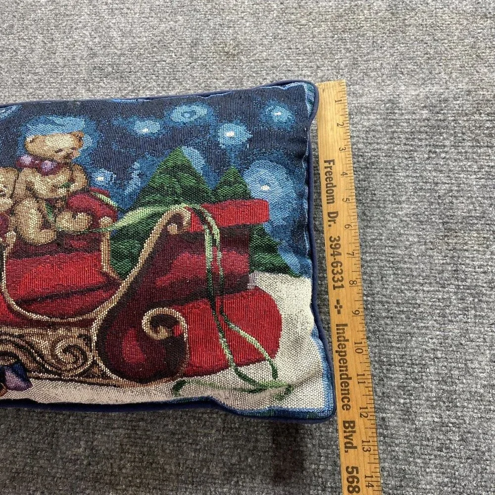 Vintage 70s Christmas Tapestry Pillow Teddy Bears in Santa's Sleigh 80s Country‎